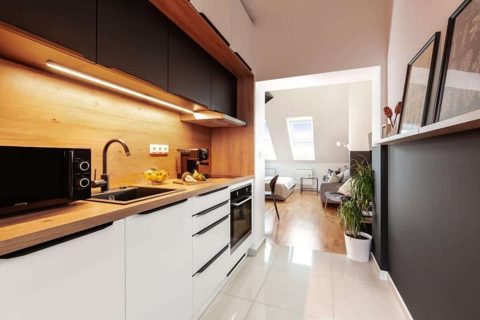 Fully equipped kitchen and entrance to the main room