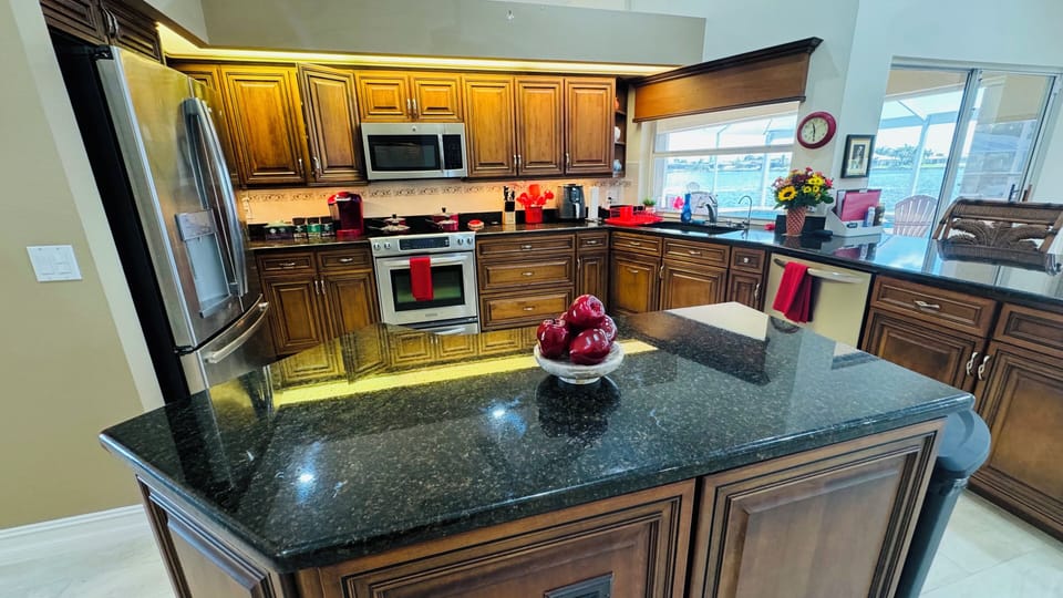 Fully stocked Chef’s kitchen.  Coffee station Keurig and Drip options