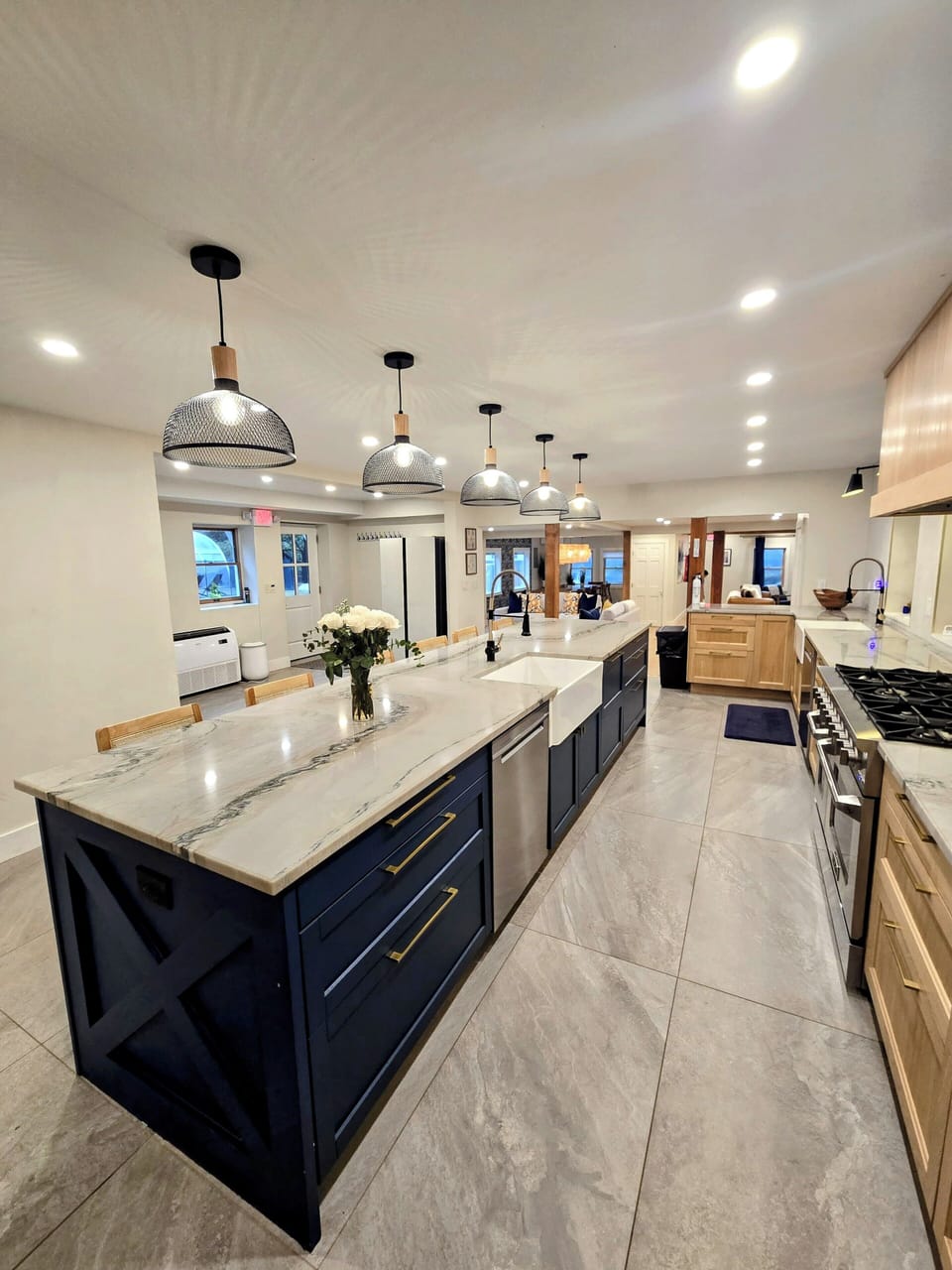 13' island, 6 burner stove , 2 ovens, 2 fridges, 2 sinks 