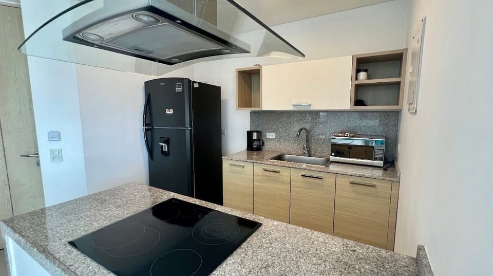 Fridge, microwave, oven, cookware/dishes/utensils