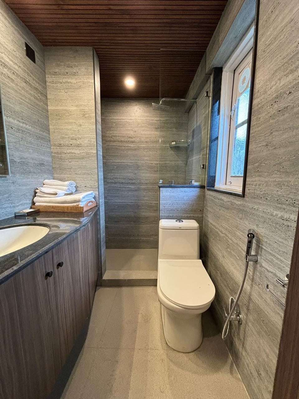 Shower, towels, shampoo, toilet paper