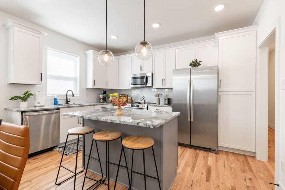 The island, which has seating for 3, is ideal for quick-casual dining and meal prep!