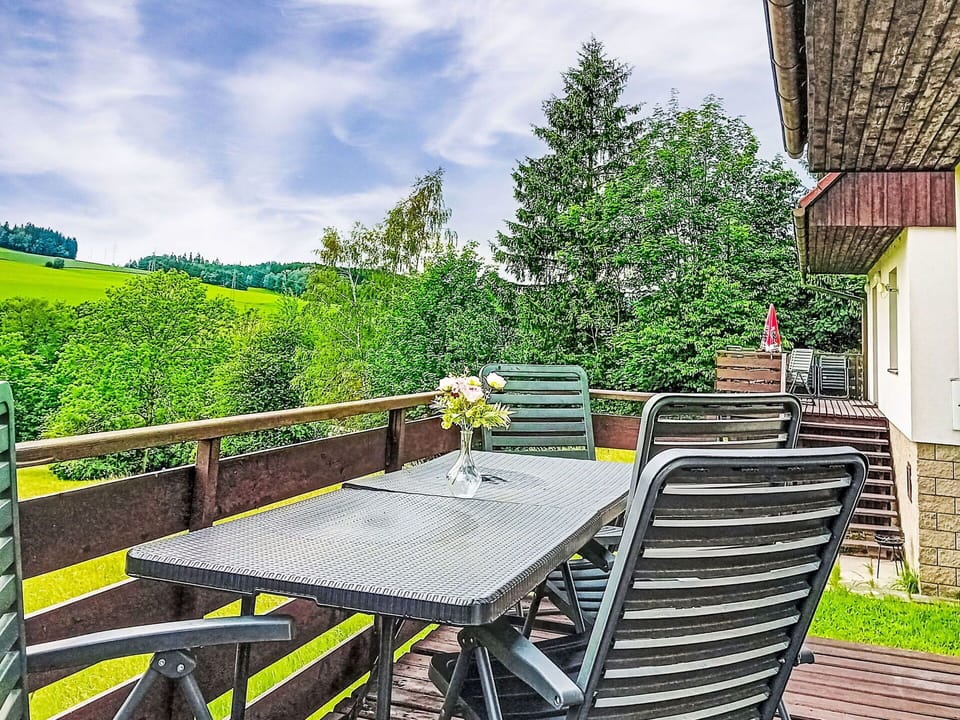 Furniture, Porch, Chair, Balcony, Cottage, Outdoor Table, Garden, Eco Hotel, Shade, Kitchen & Dining Room Table