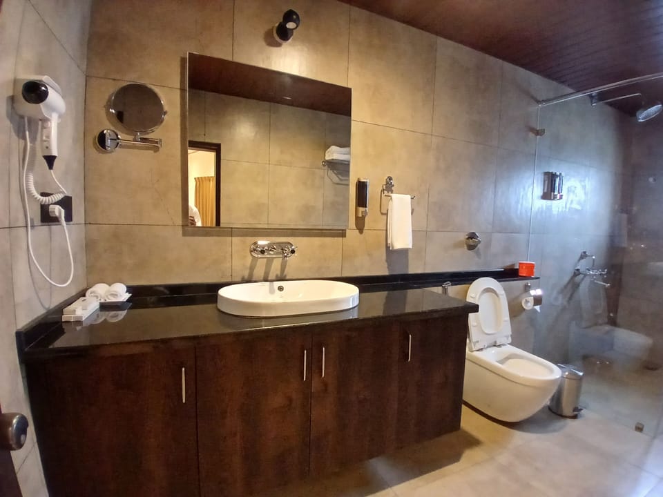 Combined shower/tub, hair dryer, towels, soap