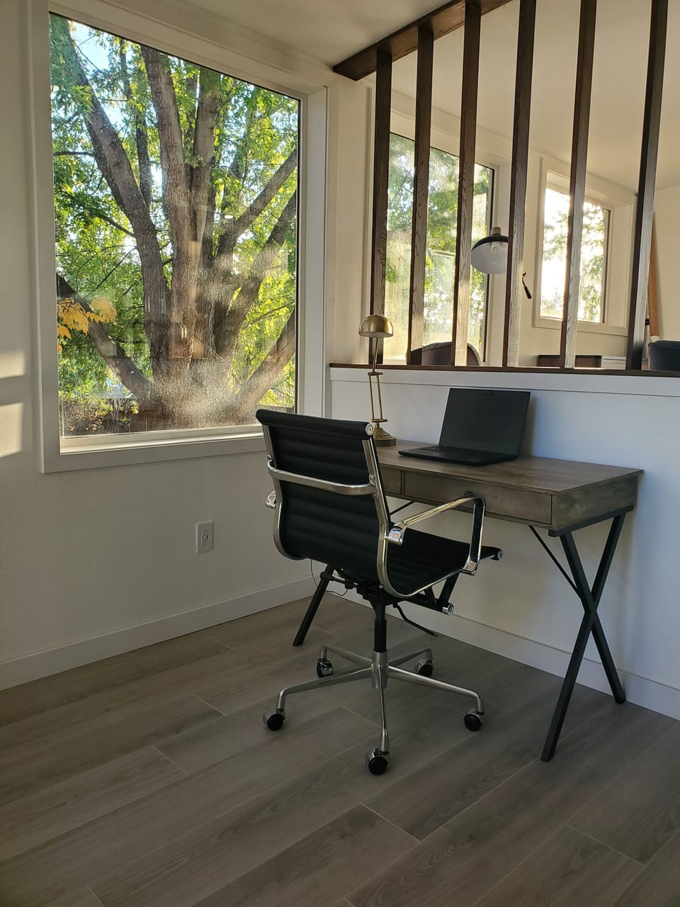 Private office space, plus monitor, and 180 degree views of private backyard