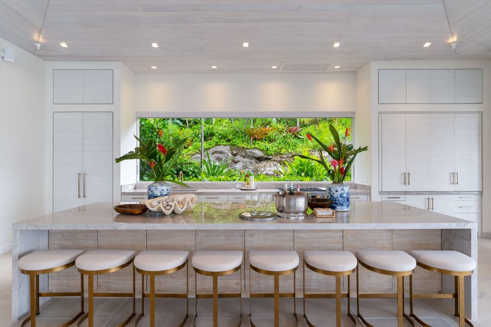 Lush tropical gardens viewed through the kitchen window