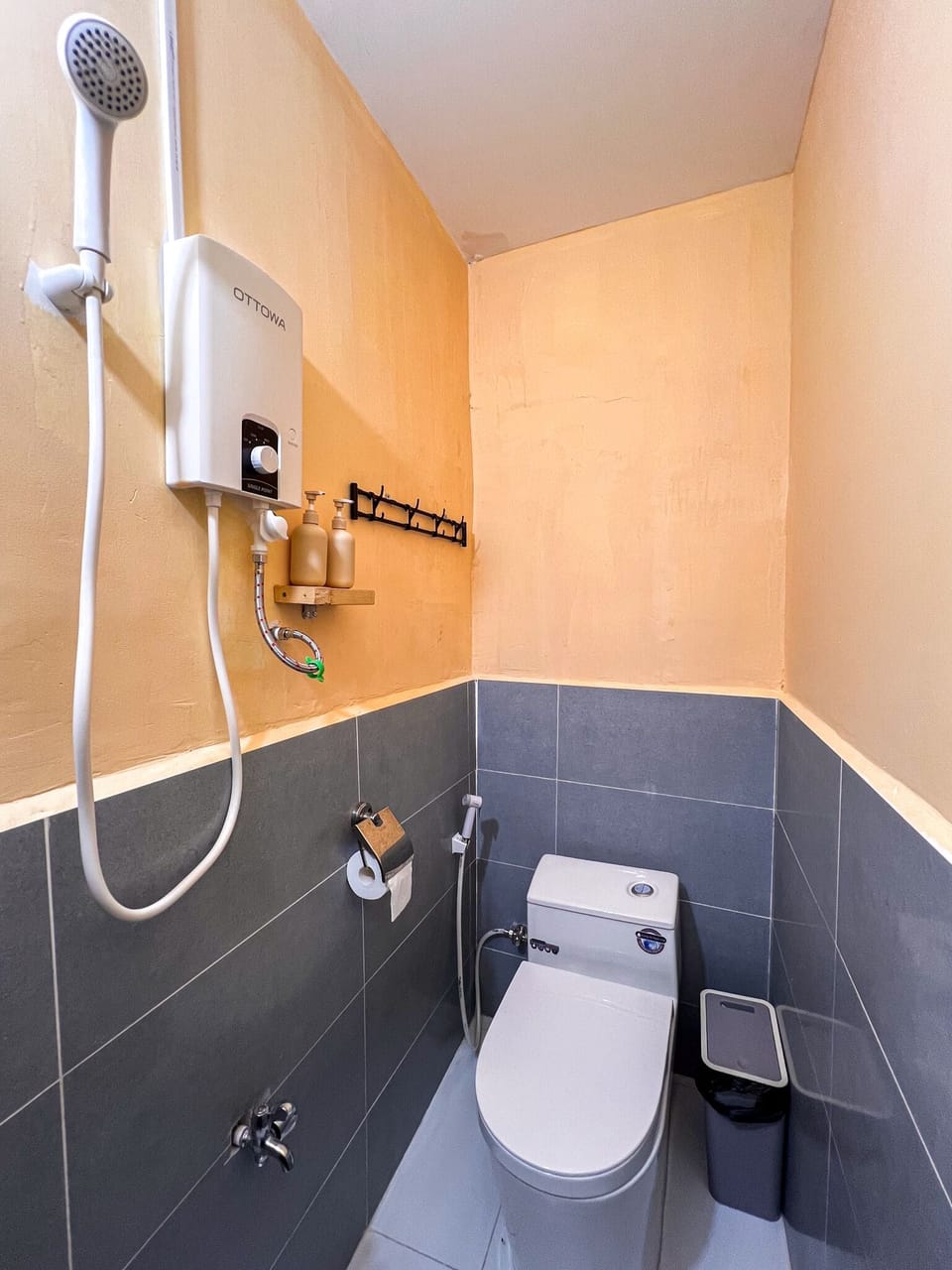 Shower, rainfall showerhead, hair dryer, slippers