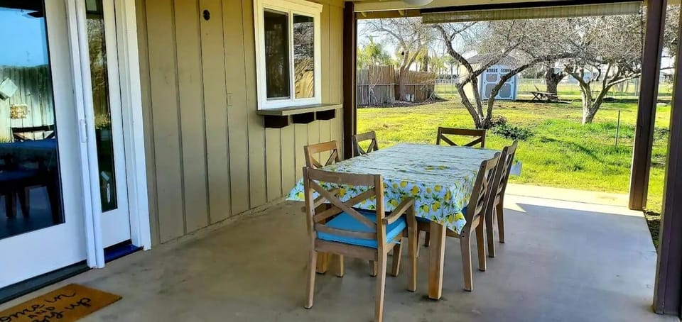 Covered patio area with lights and a fan and roll down shades.