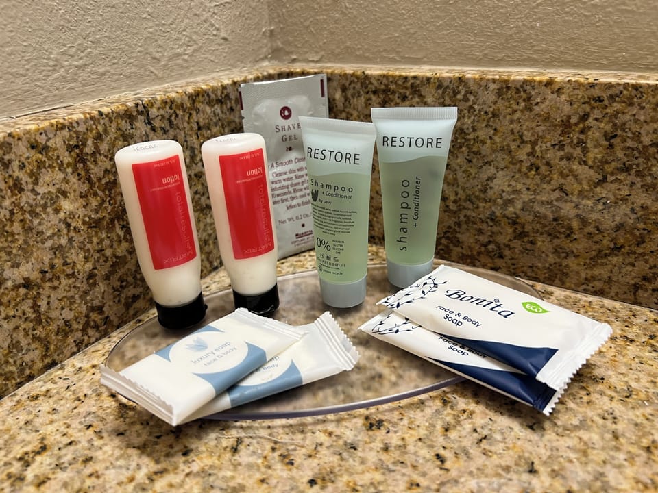 Towels, soap, shampoo, toilet paper