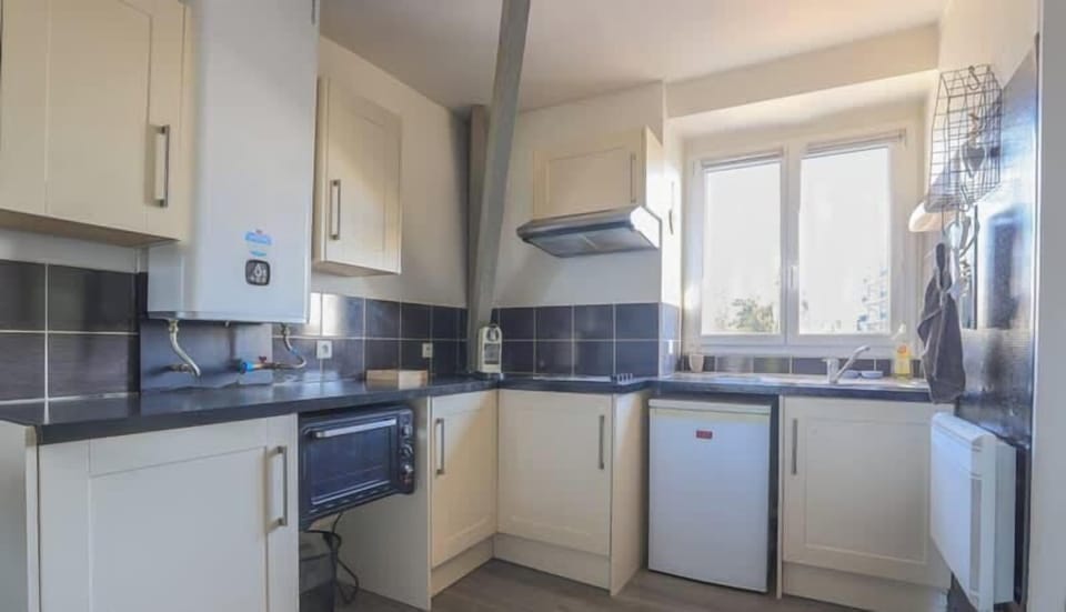 Cuisine équipée avec petit réfrigérateur, machine à café, bouilloire, plaques de cuisson et micro-ondes faisant four.