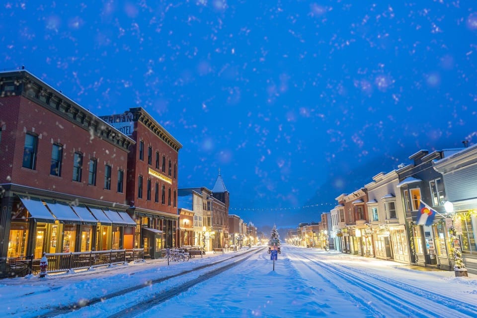 Telluride Main Street on a quiet snowy eve.