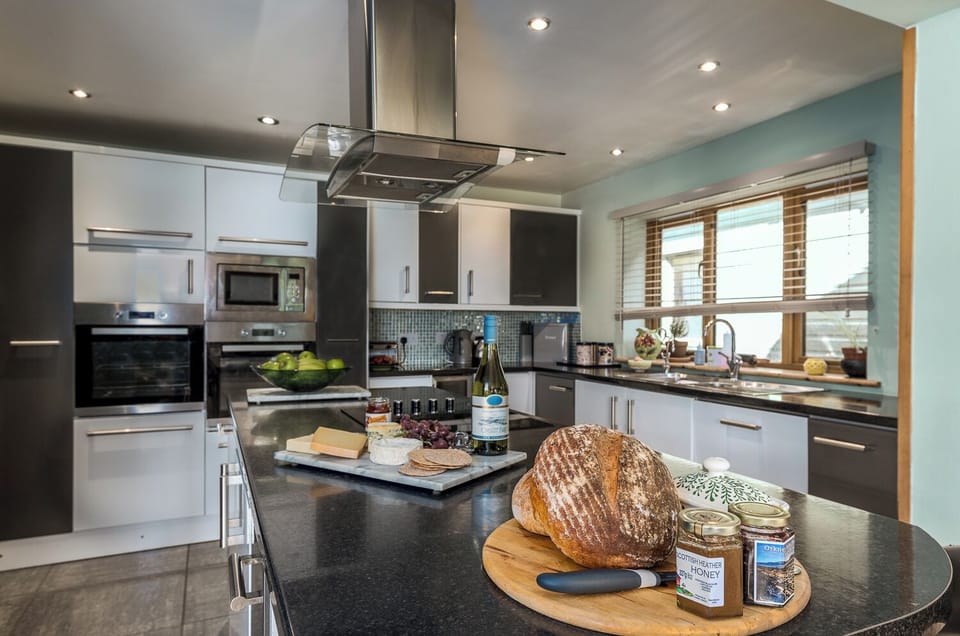 Deluxe House | Private kitchen | Full-size fridge, microwave, toaster, highchair