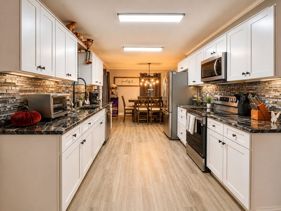 A brand new, fully stocked galley kitchen with granite countertops