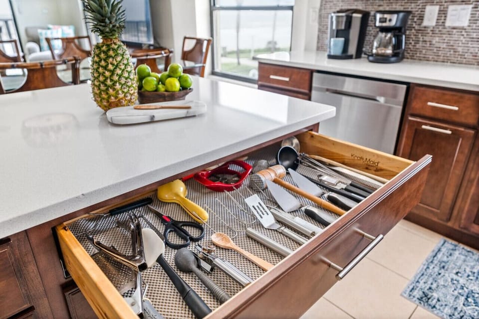 Cabinets and drawers are fully stocked