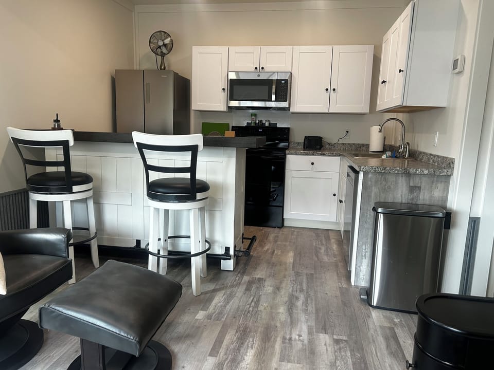 Fully equipped kitchen with microwave, stove, dishwasher and fridge.