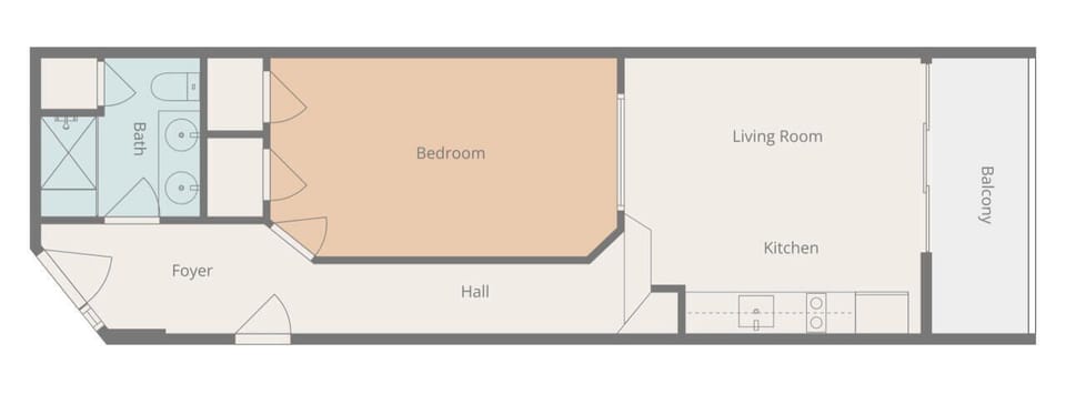 Beach Cove 518 floor plan showing the layout of this oceanfront condo with sleeping areas, bathroom, kitchen, dining space, and private balcony.
