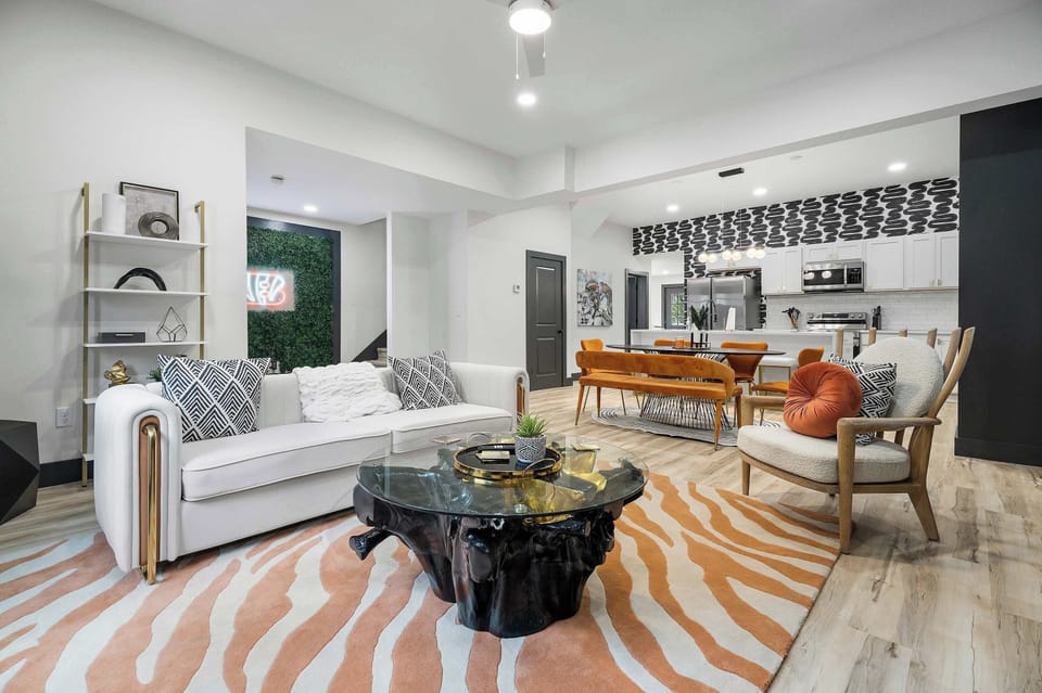 Open eclectic living space with Smart TV