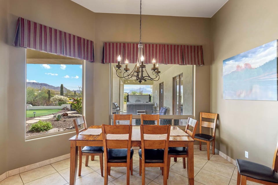 Gather for meals together at the dining table, with seating for 8