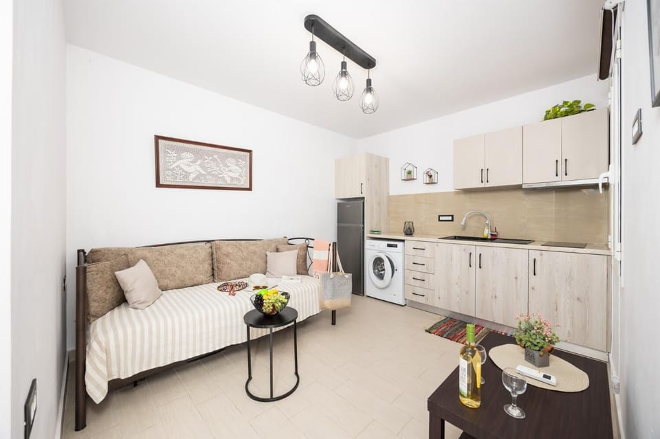 Annex: Open plan living room with sofa bed, kitchen, and A/C
