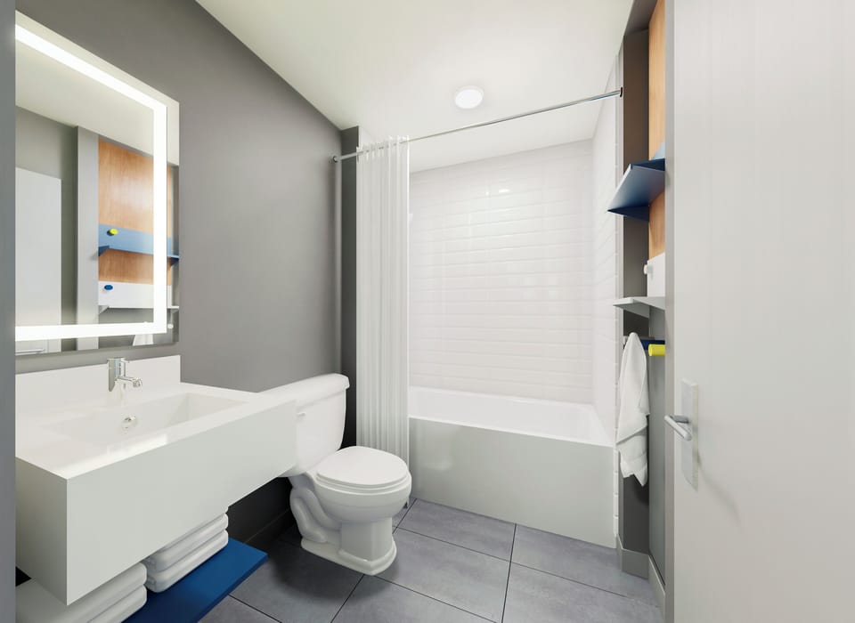 Combined shower/tub, hydromassage showerhead, designer toiletries