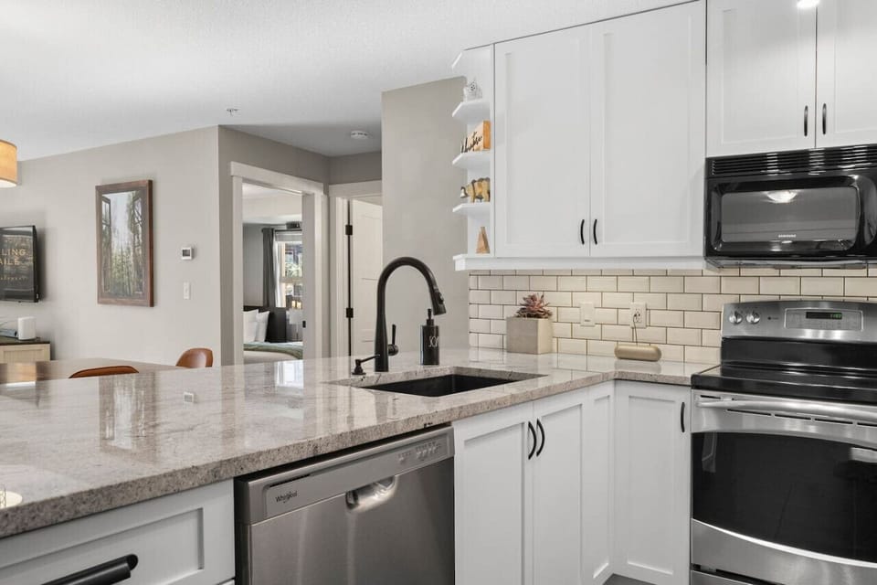 Full kitchen with a blender, crockpot, panini press, hand mixer, popcorn maker, drip coffee machine, ground coffee, tea, sugar, and basic condiments (ketchup, mustard, relish.)