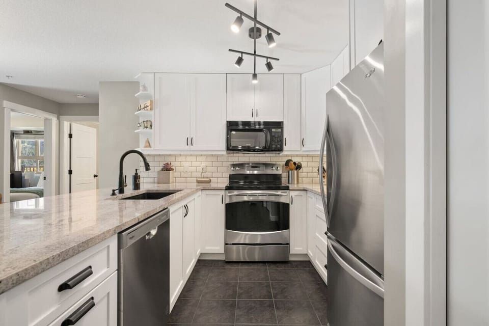 Full kitchen with a blender, crockpot, panini press, hand mixer, popcorn maker, drip coffee machine, ground coffee, tea, sugar, and basic condiments (ketchup, mustard, relish.)
