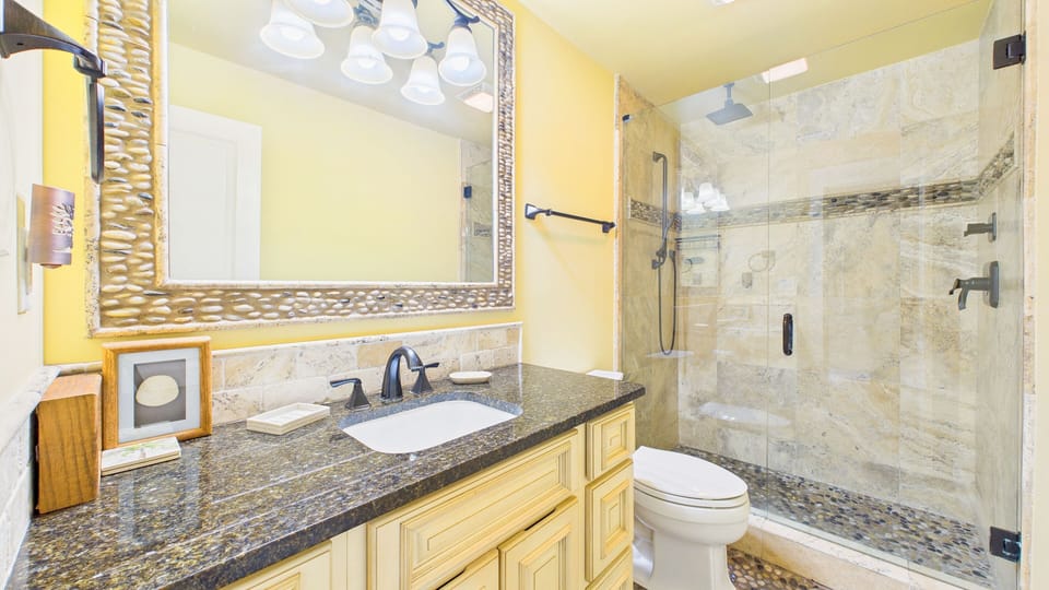 Full bathroom on 1st floor with beautiful walk in shower