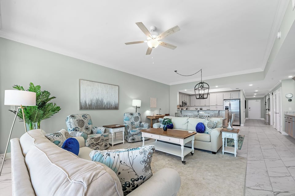 Pull up a stool at the breakfast bar and enjoy coastal accents in this welcoming family room