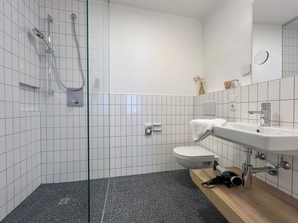 Shower, free toiletries, hair dryer, slippers