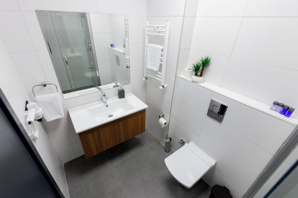 Shower, hair dryer, slippers, towels