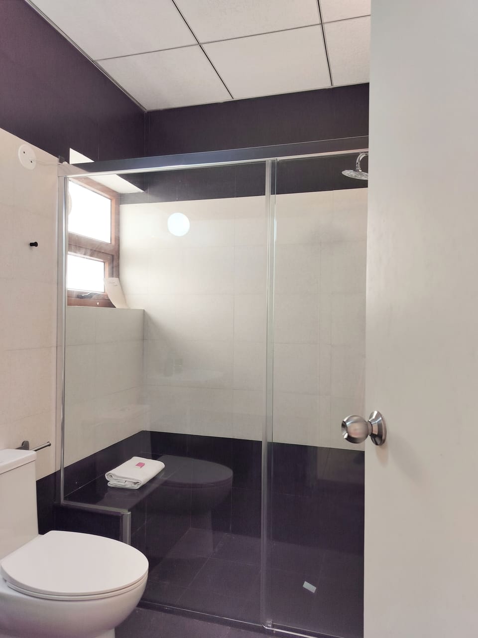 Shower, rainfall showerhead, hair dryer, towels