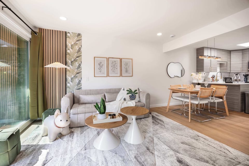 Bright and welcoming dining space with chic décor, ideal for intimate gatherings or family meals.