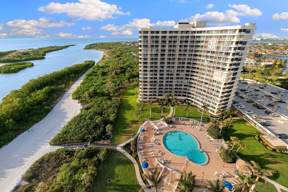 Balcony view of the large, heated community pool
