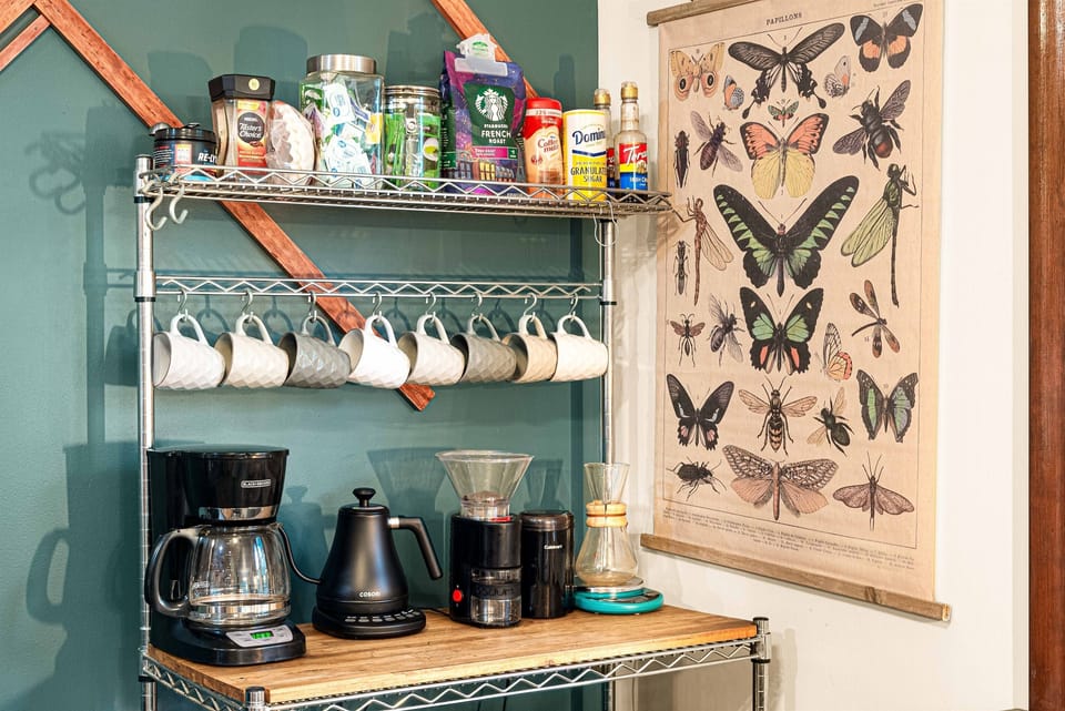 Coffee options: drip pot, ChemEx, French Press, (Keurig upstairs)