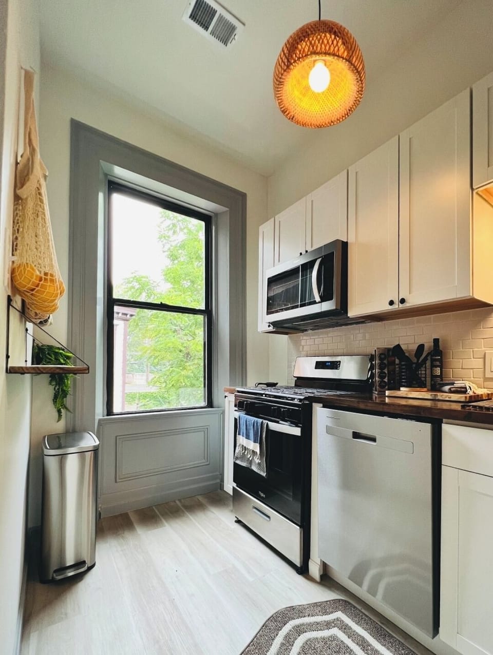 Brand new appliances include stove/oven, microwave and dishwasher 
