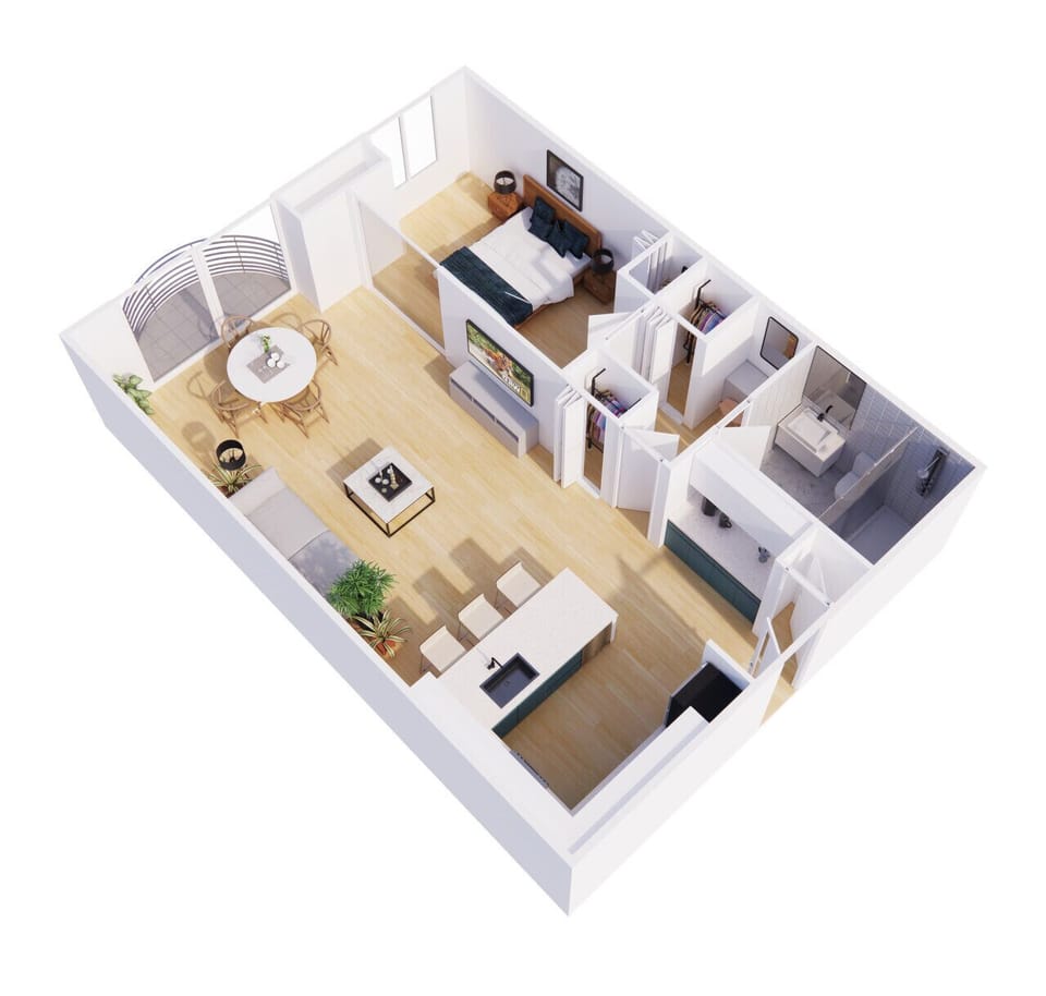 General Floor Plan.  1 king bed in the main room that can close off to the living room that has a queen pull-out couch.