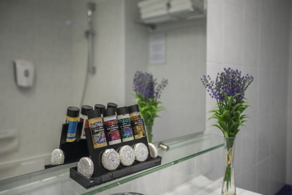 Bathtub, free toiletries, hair dryer, towels