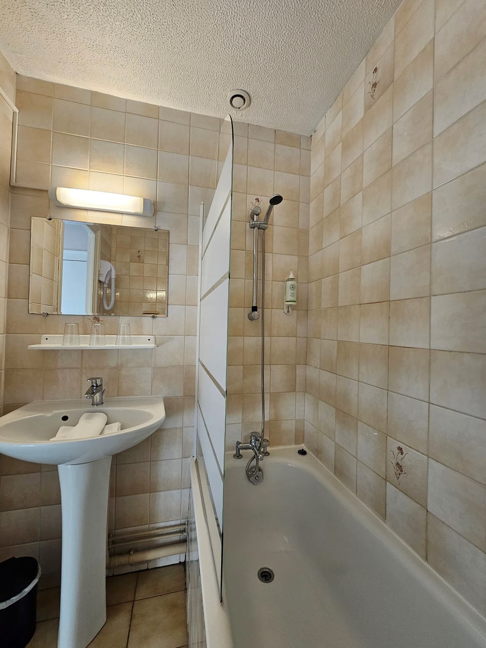 Bathtub, hair dryer, towels, soap
