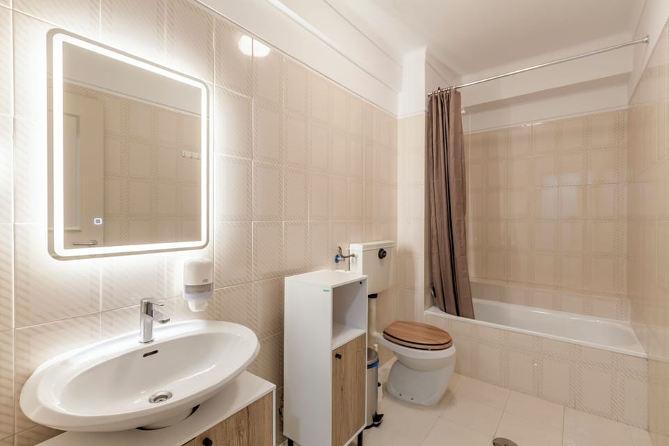Bathtub, soap, shampoo, toilet paper