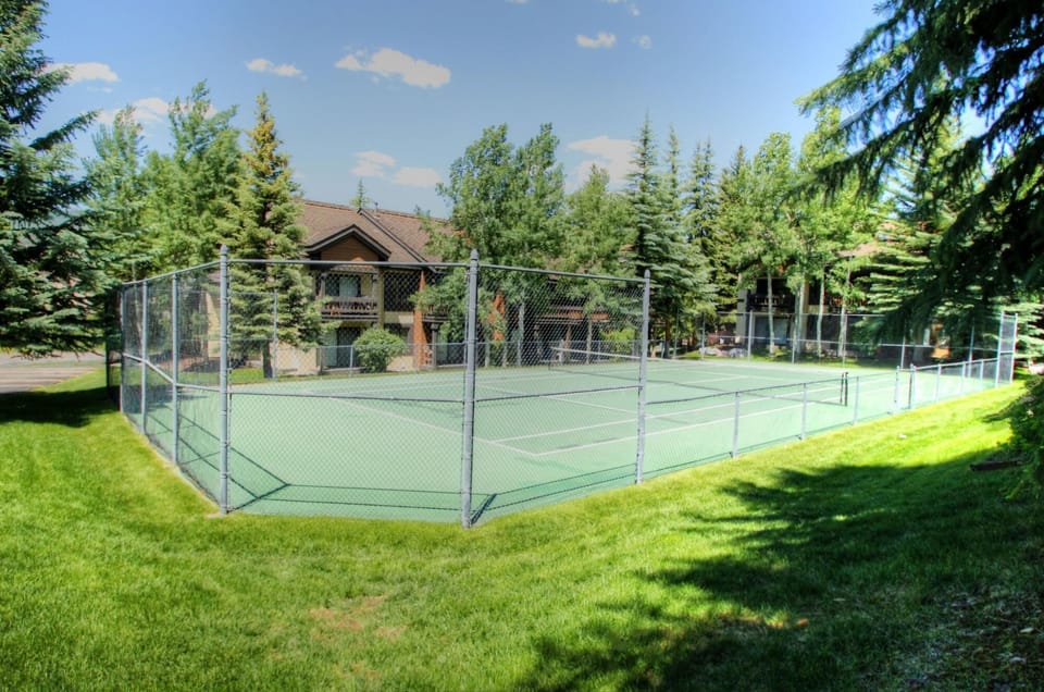 A fenced tennis court surrounded by green grass and trees, with a building in the background under a blue sky with a few clouds.