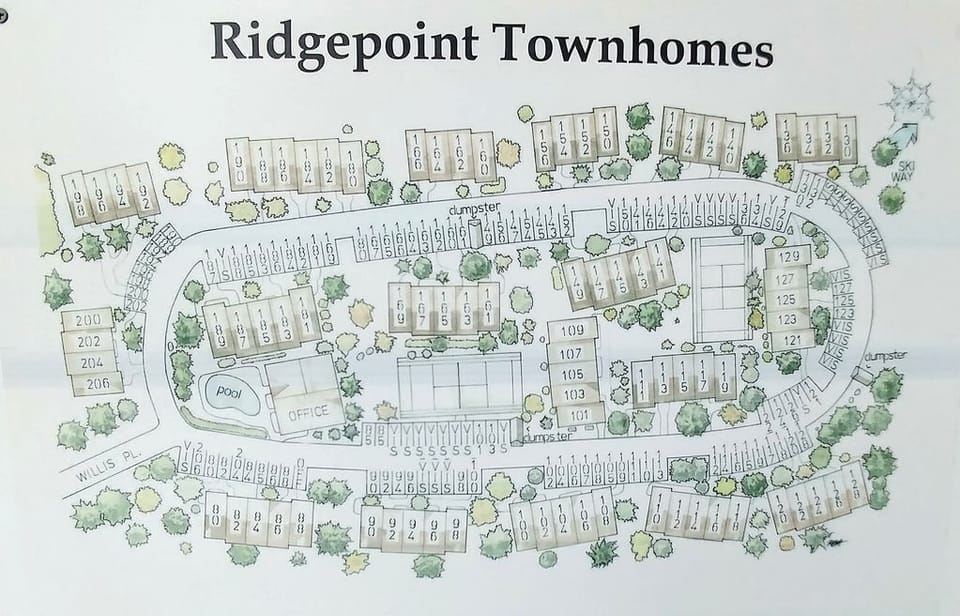 A detailed map of Ridgepoint Townhomes including numbered units, an office, a pool, two dumpsters, and surrounding streets like Willis Pl and SW 6th.