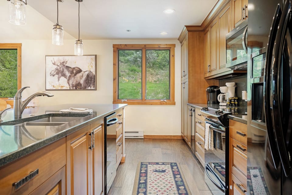Modern kitchen with wooden cabinets, black countertop, stainless steel sink, appliances, and a window overlooking greenery. A framed moose artwork hangs on the wall.