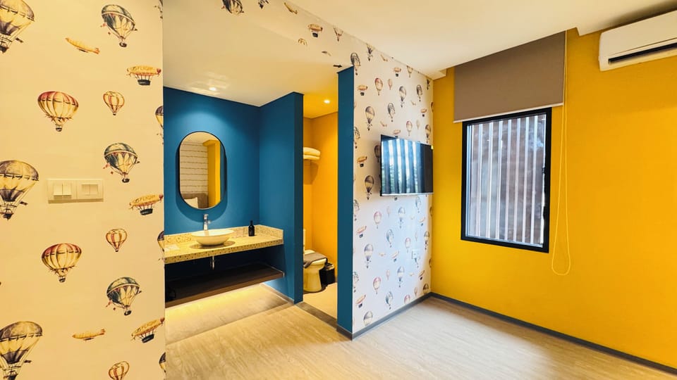 Shower, slippers, towels, soap