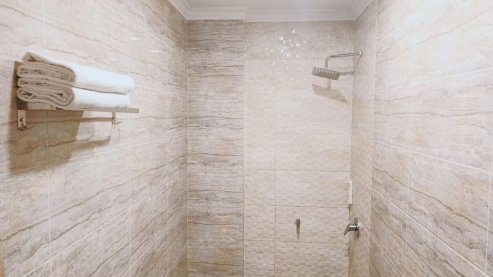 Shower, free toiletries, towels, soap