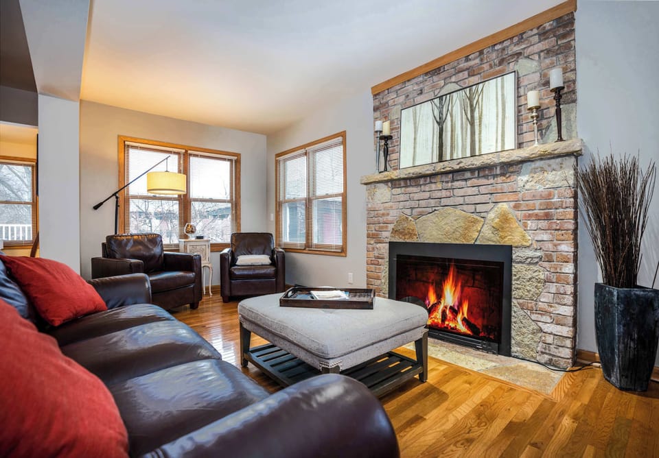 Living space with gas fireplace, and Smart TV
