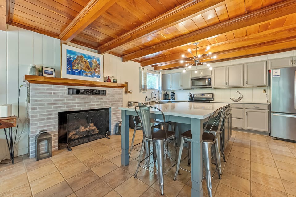 Large Kitchen island and Fireplace