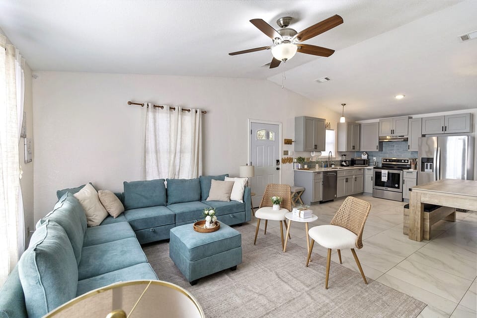 View of the great room an open concept living space with vaulted ceilings