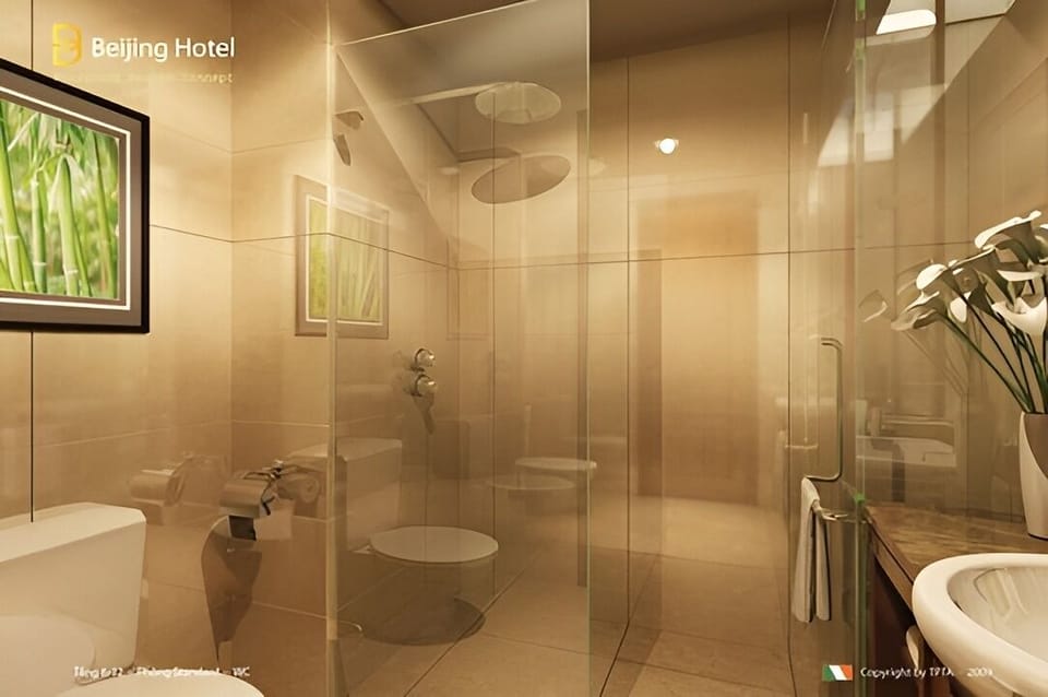 Shower, hair dryer, slippers, towels