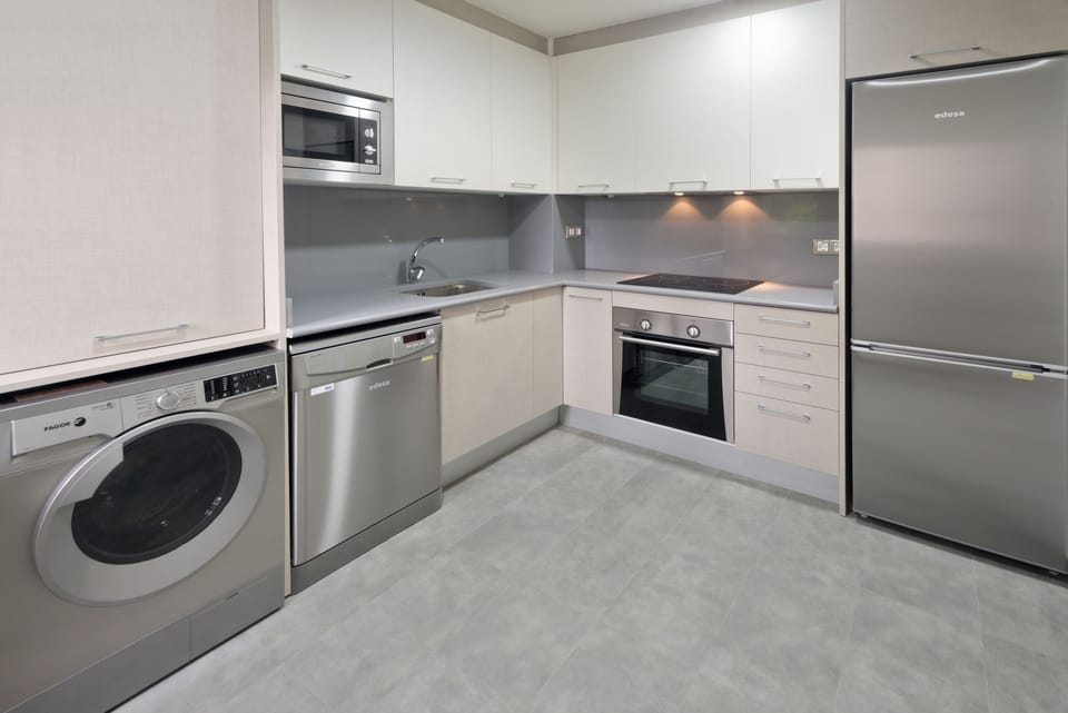 Full-size fridge, microwave, stovetop, dishwasher