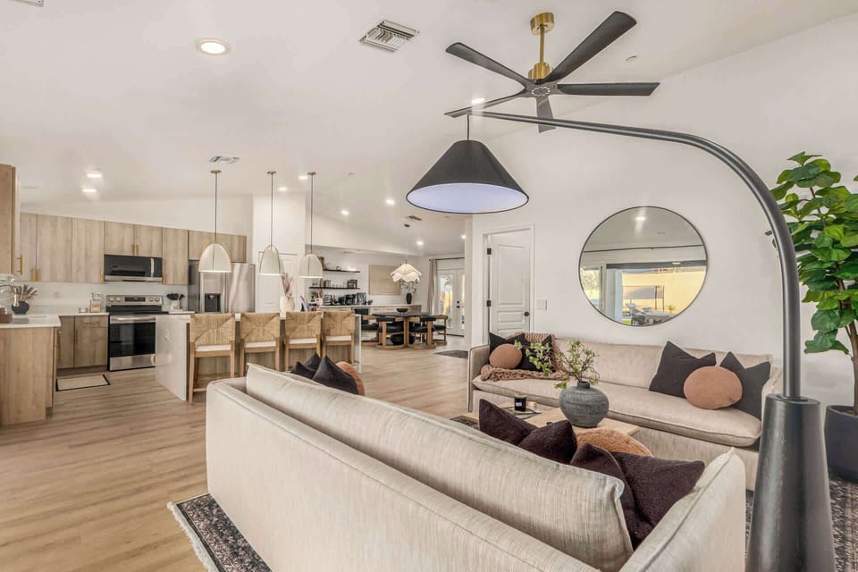 Open concept Living, Kitchen and Dining with vaulted ceilings and plenty of light